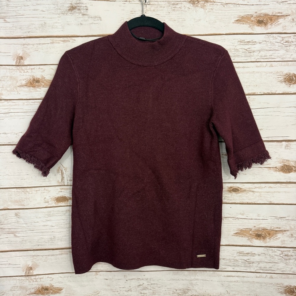 Tahari Burgundy Metallic Mockneck Short Sleeve Pullover Sweater NWOT